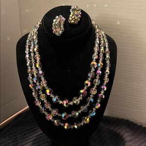 Elegant Vintage Multicolor Crystal Necklace and Clip Earring Set